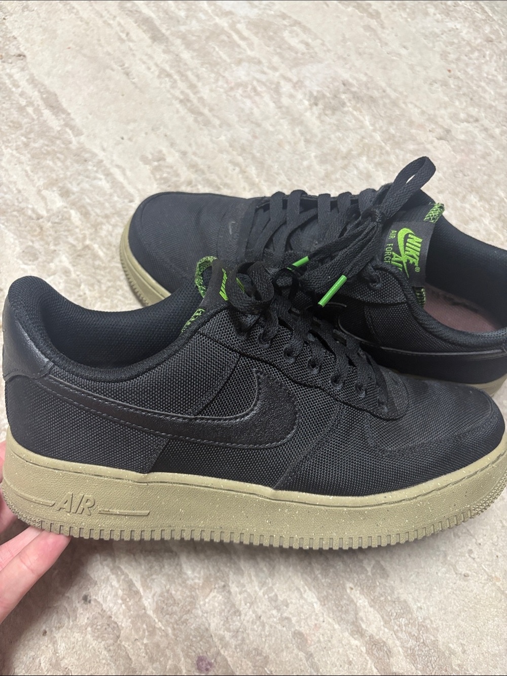 Nike Men’s Black Sneakers with Olive Gum Sole and Green Accents